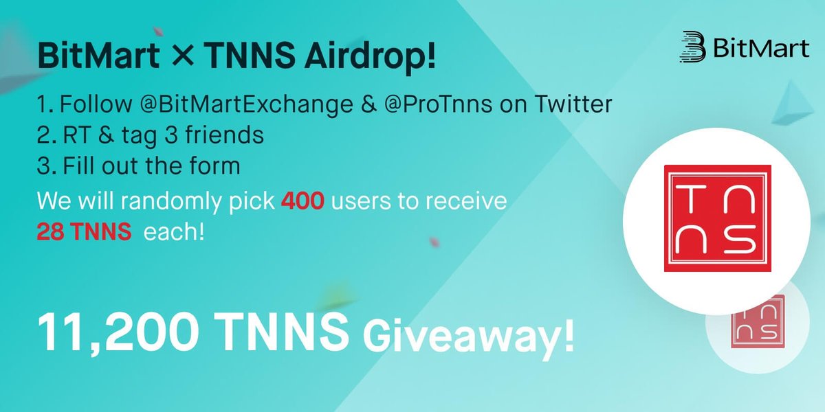 BitMartExchange's tweet photo. 🎉To celebrate @ProTnns listing, we’re giving away 11,200 TNNS !
 
1⃣ Follow @BitMartExchange &amp; @ProTnns 
2⃣ RT and tag 3 frds 
3⃣️Join https://t.co/UKA4qhKuip
4⃣️Fill out: https://t.co/Pj5gRLT1z5 
 
✨ 400 lucky winners receive 28 TNNS each !
⏰ Enter by 11:59 PM EST Jan 30 https://t.co/8QIHgY5Cw6