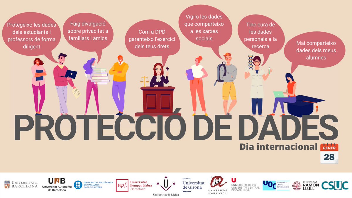 🔒  Avui és el Dia de la Protecció de les dades i les #universitats ens hi sumem, protegint les dades de tota la comunitat. 

Recordeu tenir cura amb l'ús que en feu, protegir la vostra informació i respectar la privadesa de la resta.

#DiaProteccióDades #UPC