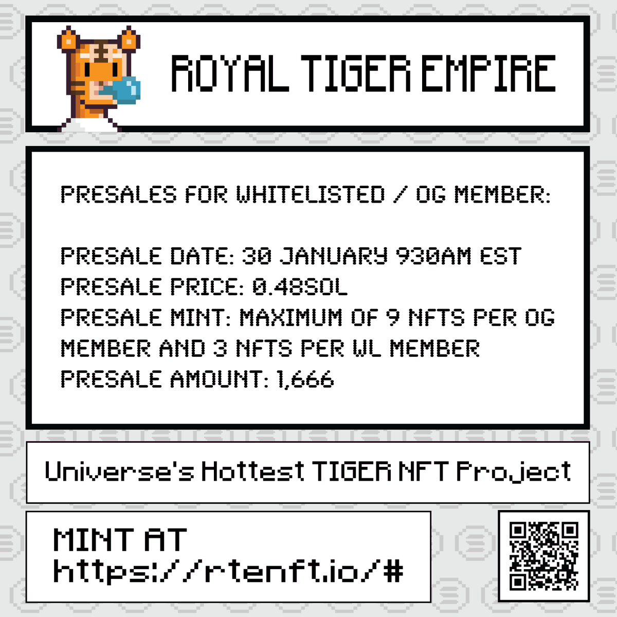 TigerempireNFT's tweet photo. Moment that you have been waiting for !

Presale will be open for a full 24 hours, we hope this will give everyone enough time. 

#nft #nfts #royaltigerempire #nftcollection #nftart #nftdrop #nftgem #nftcommunity #SolanaNFTs #Solana https://t.co/CjK83p3PVy