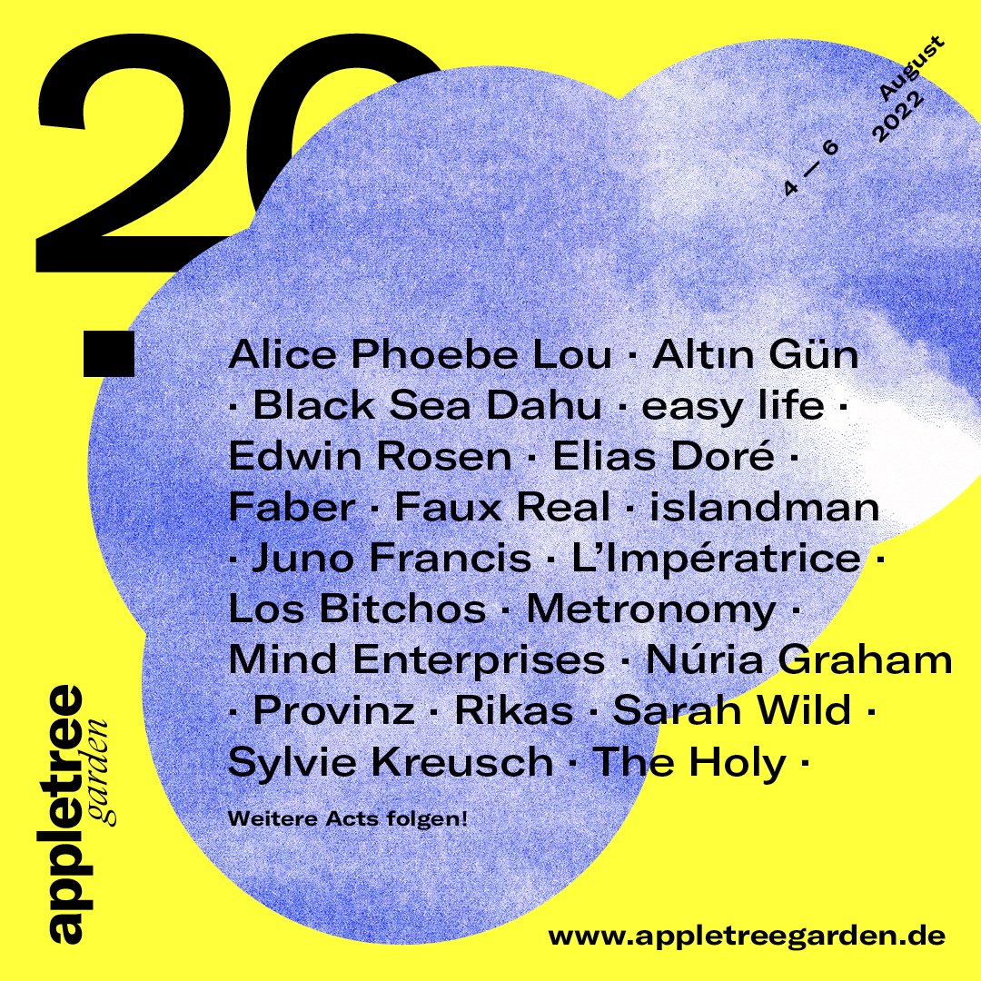 appletreegarden's tweet photo. Im August feiern wir endlich 20. Geburtstag! Mit dabei sind unter anderem diese ersten 20 Acts, die uns im Sommer zum Tanzen und Träumen bringen! #atg202022

Tickets ►►► https://t.co/gIkhM6HVpk
Playlist ►►► https://t.co/B5sWLbHrZG https://t.co/0rdRSBXZkh