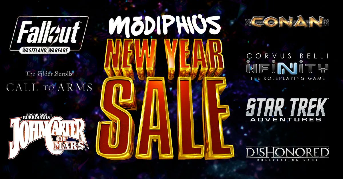 Modiphius's tweet photo. Our new year #sale is here with up to 80% off a host of bargains like #Conan, #Fallout, #Infinity, #StarTrek Adventures, #Dishonored, and the #ElderScrolls, with books, minis, and accessories on sale for one week only!

.NET
https://t.co/vGyQRcPjFw
.US
https://t.co/T7bvjzAeIY https://t.co/N1EOTDf1CP