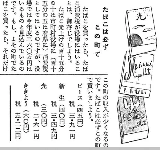 「たばこは我が町で買いましょう」という記事。今でもよく探せばこの手の掲示はあるけど、大っぴらに書かなくなった気がするな・・・(広報入善1956-2) 