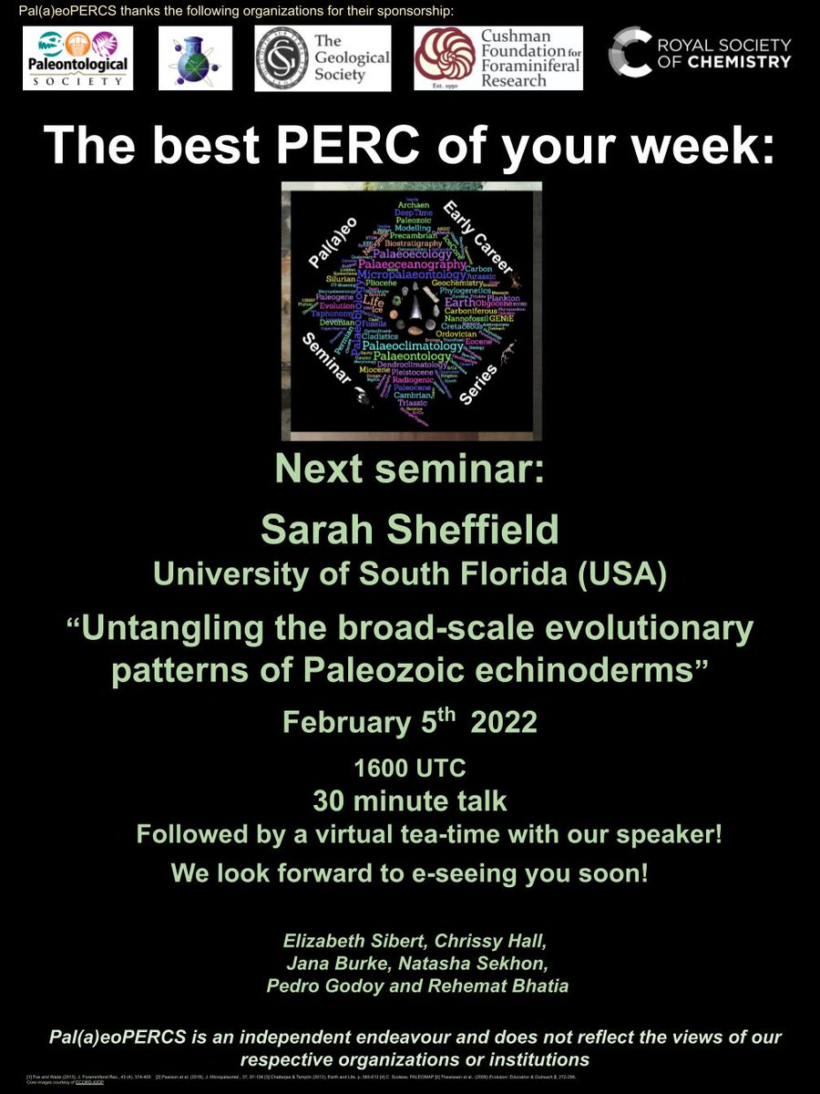Join us next week for another awesome seminar! Sarah Sheffield (<a href="/sarahlsheffield/">Dr. Sarah Sheffield</a>) from the University of South Florida (USA) will be giving a talk entitled, " Untangling the broad-scale evolutionary patterns of Paleozoic echinoderms" at 1600UTC on Tuesday!