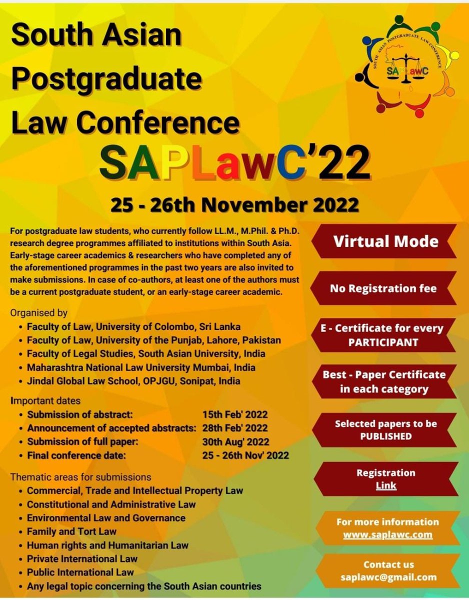SAPLawC's tweet photo. Early-stage career academics &amp; researchers who have completed LL.M., M.Phil. &amp; Ph.D. programmes in the past two years from any South Asian institutions are also invited to make abstract submissions. https://t.co/niKeUp7PhE