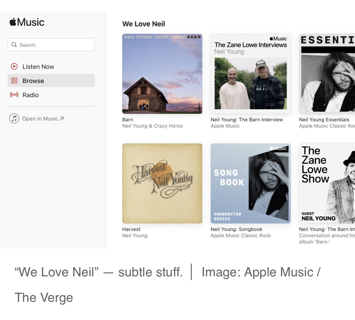 NEW: Apple Music trolls Spotify, claims “we are the home of Neil Young”

Now featuring the “We Love Neil” collection on Apple Music homepage 🔥