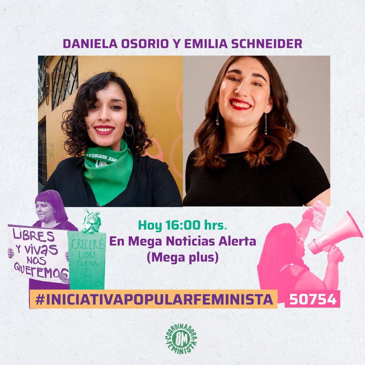 Hoy estaremos junto a <a href="/emischneiderv/">Emilia Schneider</a>  en <a href="/MegaPlusCL/">Mega Plus</a>  en el programa #MeganoticiasAlerta hablando sobre nuestra #IniciativaPopularFeminista por el derecho a una vida libre de violencia para mujeres, niñeces, diversidades y disidencias sexo genéricas 

<a href="/Coordinadora8m/">Coordinadora Feminista 8M</a> 
<a href="/MujeresRed/">Red Chilena contra la Violencia hacia las Mujeres</a>