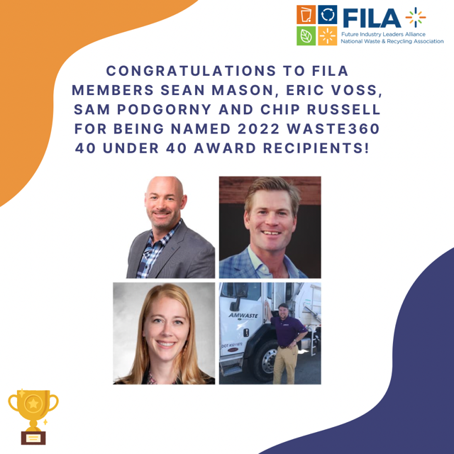 RecycleBlu's tweet photo. Waste360: RT @wasterecycling: #FILAFRIDAY NWRA’s FILA congratulates the following FILA members for being named 2022 @Waste360 #40Under40 award recipients: Sean Mason, Sierra Container Group; Eric Voss, @BigTruckRental; Samantha Podgorny, @DoverESG; and C… https://t.co/xvy3yHPjva