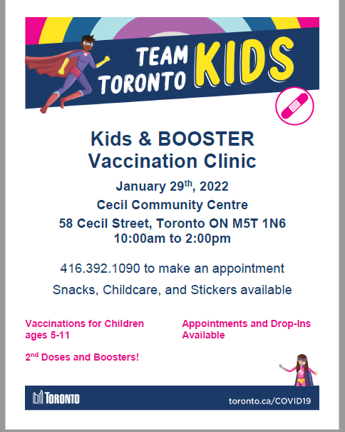 Jessica Bell (@jessicabellto) on Twitter photo Kid's vaccination clinic happening this Saturday (Jan 29) at Cecil Community Centre!
Snacks and childcare available. For children aged 5-11. <a href="/CecilCentre/">Cecil Community Centre</a> #COVID19Vaccine Kid's vaccination clinic happening this Saturday (Jan 29) at Cecil Community Centre!
Snacks and childcare available. For children aged 5-11. <a href="/CecilCentre/">Cecil Community Centre</a> #COVID19Vaccine