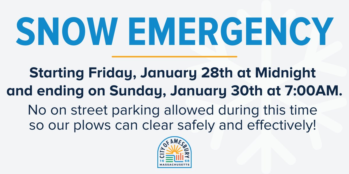 ❄ SNOW EMERGENCY ❄ There will be an on-street parking ban beginning at midnight tonight and ending at 7AM on Sunday. 

Latest forecasts have us in blizzard warning territory, with winds 50-70 MPH and accumulation of 18-24+ inches. #AmesburyMA