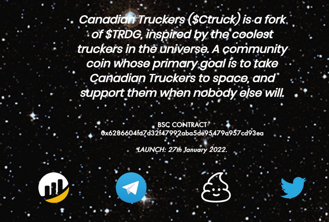 Our Website Is LIVE!!!

ctruckbsc.com

#canadiantruckers #ctruck #canadian #canada #truckers #elon #musk #pcs #bsc #1000x #justlaunched #newtoken #newlisting #token #bscgem #elonmusk <a href="/elonmusk/">Elon Musk</a> #pumpit #bigpump #truckersgem #new #lockedliquidity #lptokensburned