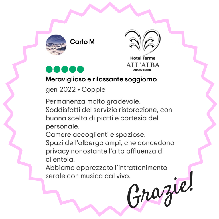 TermeAllAlba's tweet photo. La migliore pubblicità, da sempre la fanno i nostri ospiti!
Grazie di ❤️ Sig. Carlo per questa #TopReview! #HotelAllAlba #AbanoTerme https://t.co/bPyGkleEor