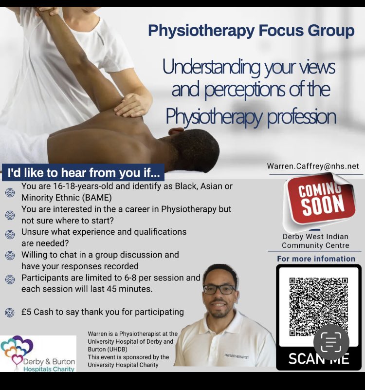 Physio Focus Groups coming soon by Warren Caffrey at UHDB Trust for 16-18 years old in our BAME community.Helping to inspire our future workforce.Please retweet @WLCPhysio @UHDBTrust @icelsuarez1 @mwansamulenga03 @JRamtohal @harinder_d @beardedPT