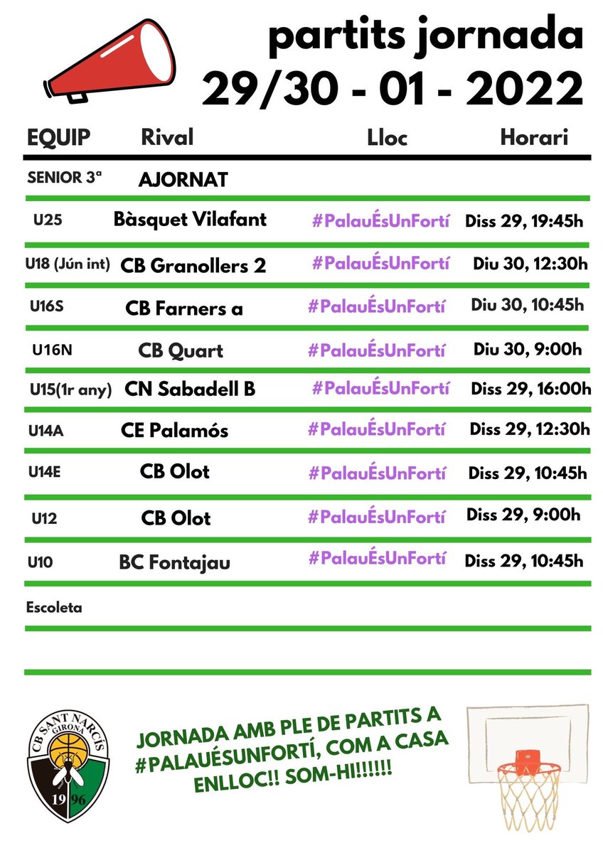 Calendari de partits #CBSN d’aquest cap de setmana‼️ 

➡️ Dissabte a la tarda U15 per seguir amb la bona dinàmica de treball per competir els 40’ de partit. 

➡️ U25 per estrenar-se aquest 2022 amb victòria a #PalauÉsUnFortí 

📢PLE DE PARTITS A #PalauÉsUnFortí 📢