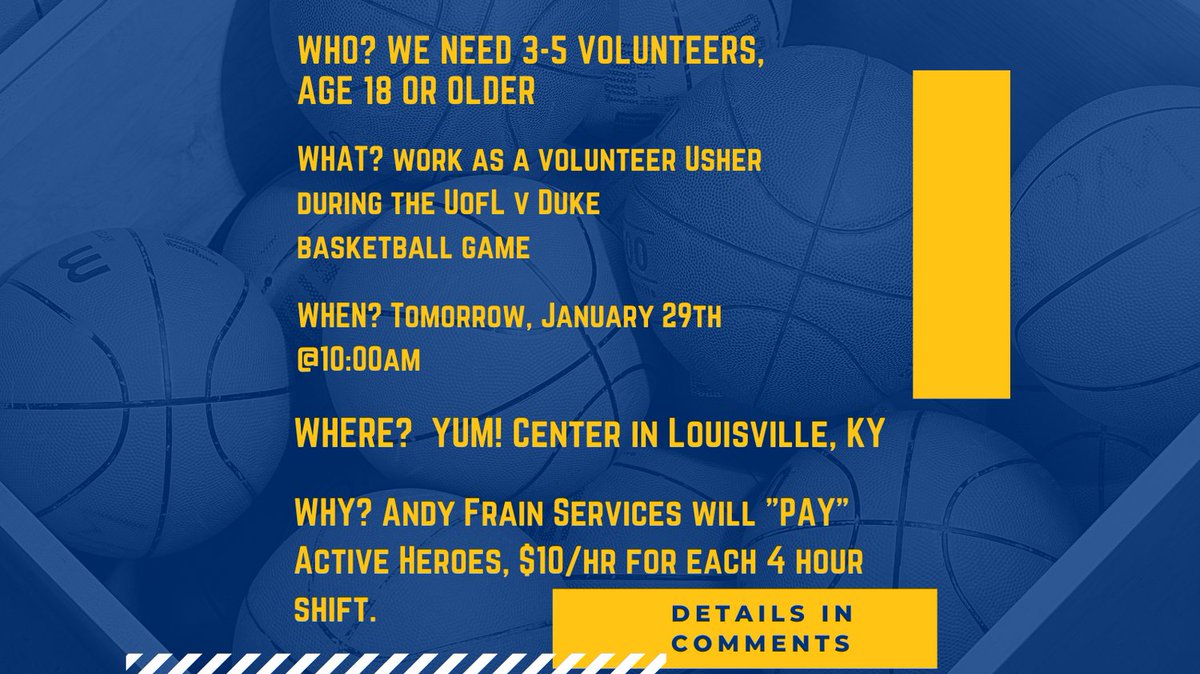 We need your help to volunteer as an usher at the UOFL v DUKE game tomorrow! Email info@activeheroes.org for details!