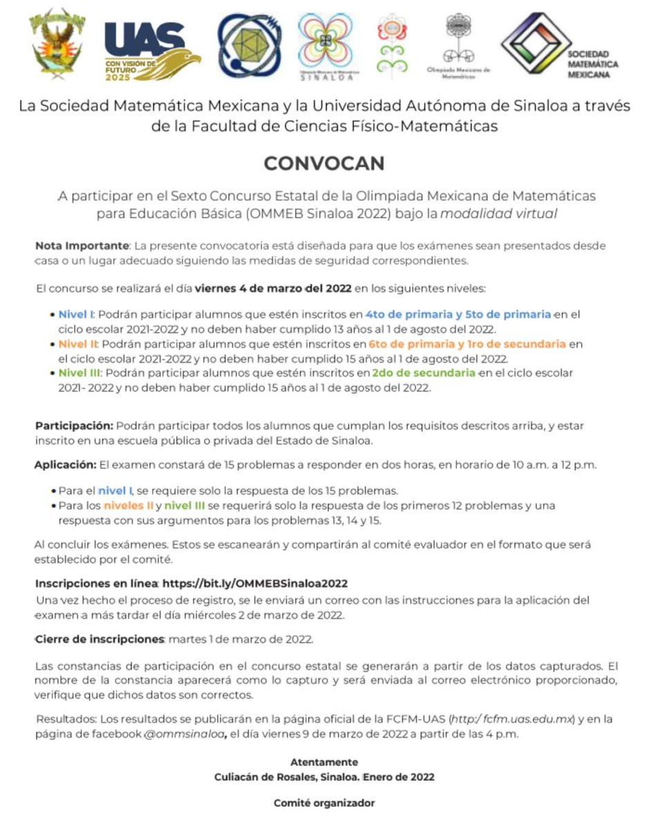 OmmSinaloa's tweet photo. ¡Ya esta la convocatoria para el 6to Concurso Estatal de la Olimpiada Mexicana de Matemáticas para Educación Básica (OMMEB)! 

¡Participa!  Date la oportunidad de ser parte de la delegación Sinaloa para el concurso nacional de la OMMEB 2022.

Los datos están en la convocatoria. https://t.co/PbauqGUMyR