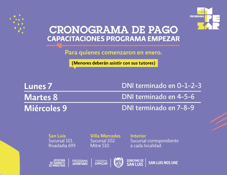 agenciasanluis's tweet photo. Informaron el cronograma de pago a los beneficiarios del Programa Empezar.
Más información ➡️ https://t.co/4X3z0gNQKW
#SanLuisNosUne https://t.co/XmJEHNtIus