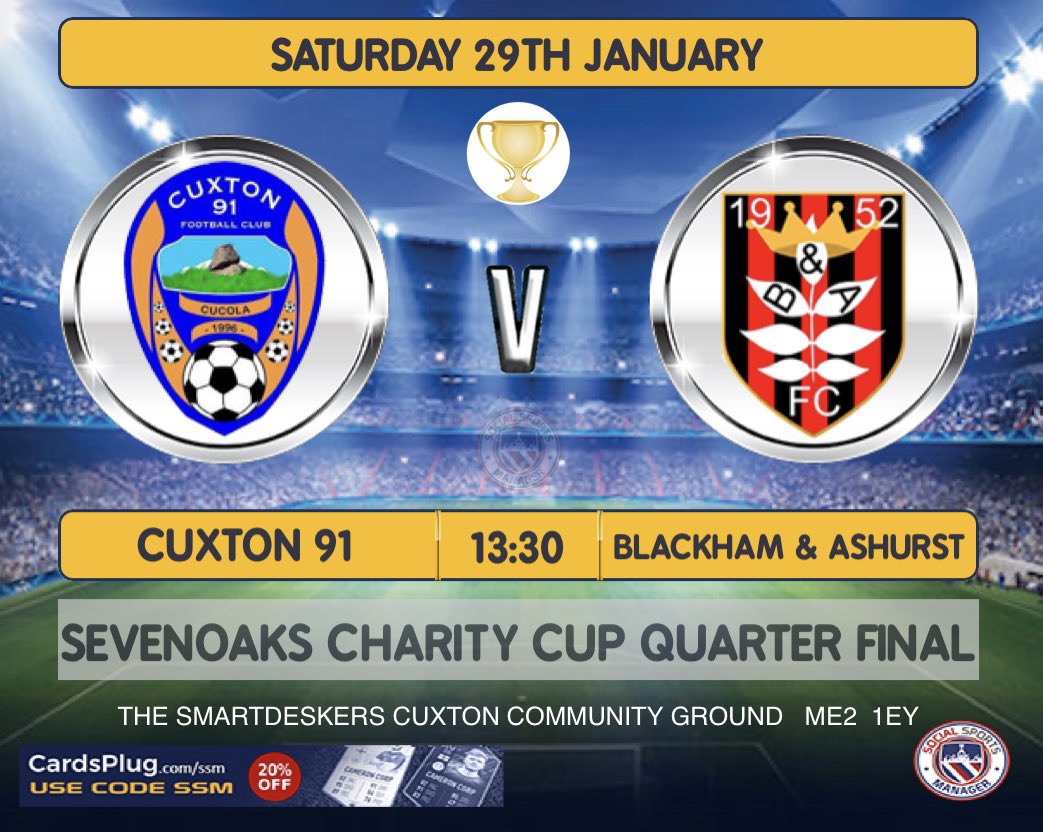 ⚽️🏆SATURDAYS GAME🏆⚽️

Tomorrow we host <a href="/B_and_A_FC/">Blackham&Ashurst FC</a> in the quarter finals of the Sevenoaks Charity Cup

1.30pm kick off

Programmes £1.50

🍻Bar open🍻

#C91⚽️
