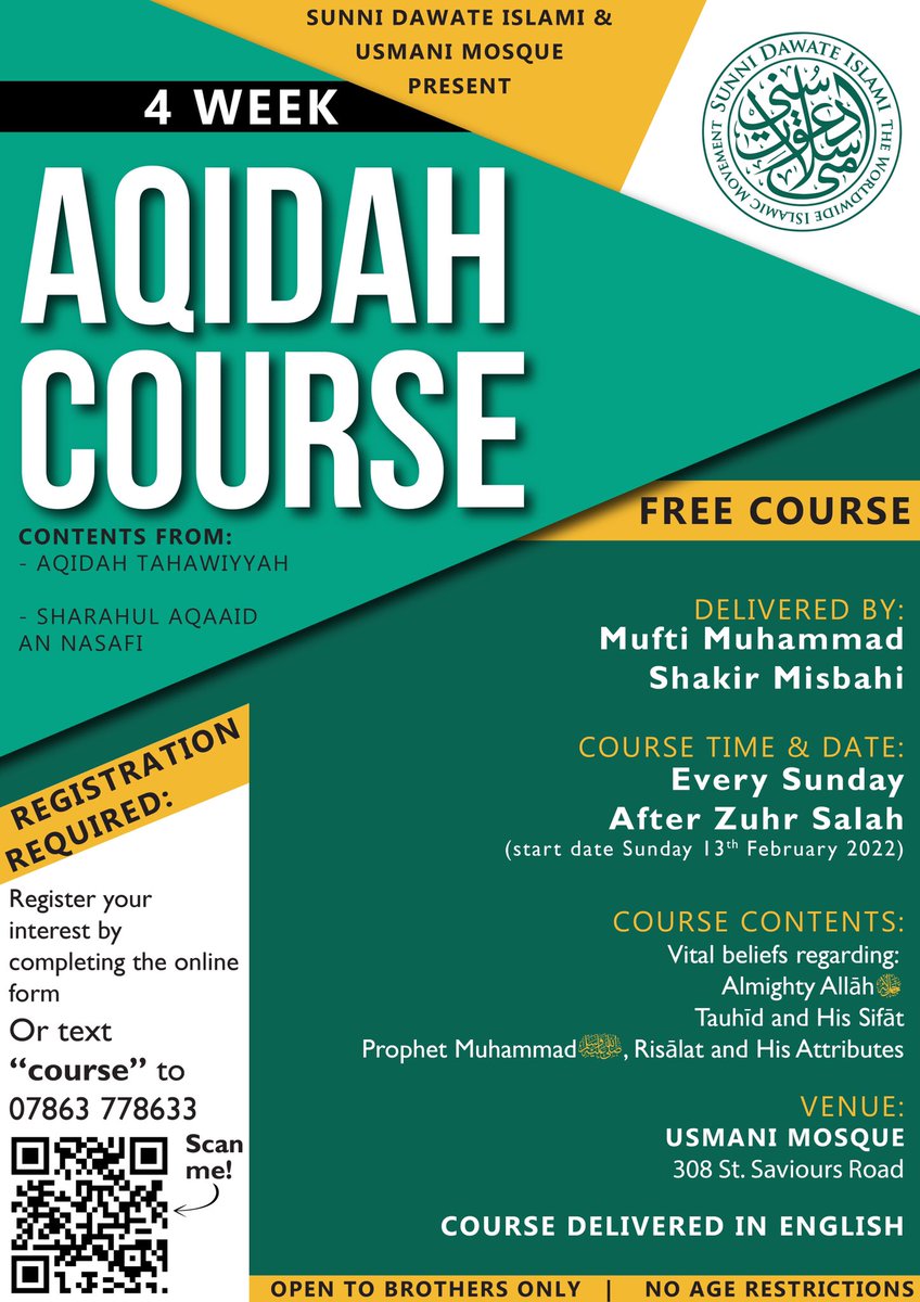 FREE 4 week Aqidah Course

Presented by Mufti Muhammad Shakir Misbahi <a href="/MShakirMisbahi/">Muhammad Shakir Misbahi</a>

Every Sunday after Zuhr salah at Usmani Mosque.

Follow poster for registration instructions. Share poster by retweeting!

Registration link:
forms.gle/sSUYARgHU7cpy1…