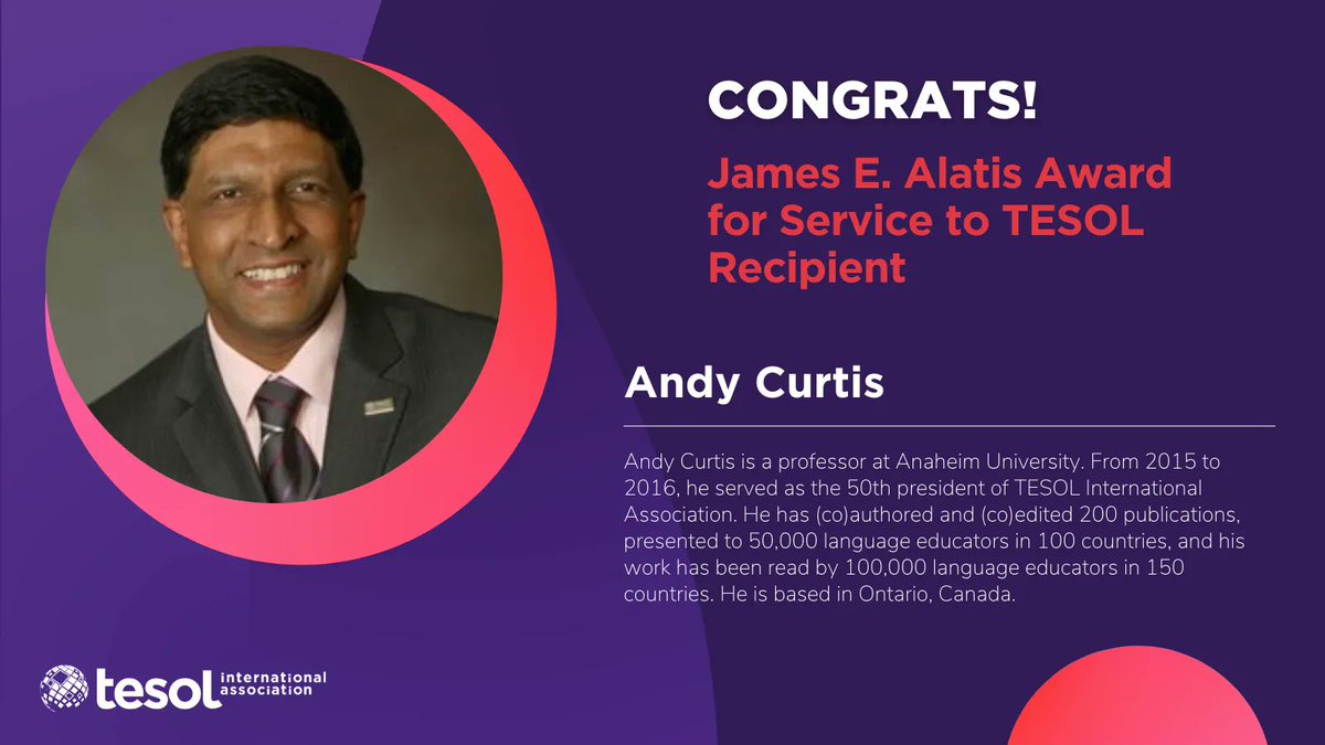 Acknowledging outstanding service by a #TESOL member at international, regional, and local levels, the 2022 James E. Alatis Award for Service to TESOL goes to Andy Curtis! Thank you for your dedication to TESOL. To learn more, visit buff.ly/3o54lDZ #ELT #TEFL #TESOL2022