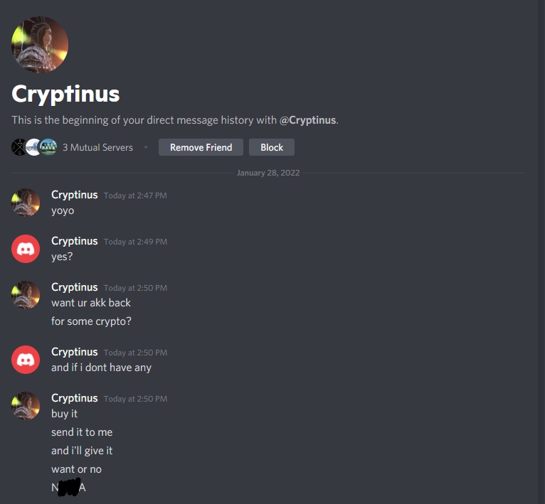 CryptinusGaming's tweet photo. @discord i put in a ticket and wait for my account to be returned and get hit with this. 12 days later and now he's taunting me.. https://t.co/oYJ5rsTDsD
