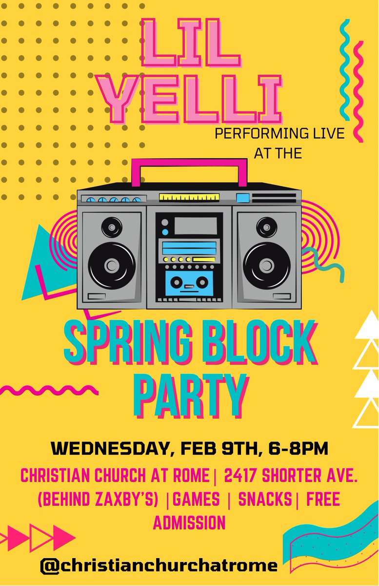 <a href="/wisestofalltime/">gedeon</a> Getting ready for the spring block party. Going to have a great live performance by lil yelli.  Wednesday Feb 9 from 6-8. Be at Christian church at rome.