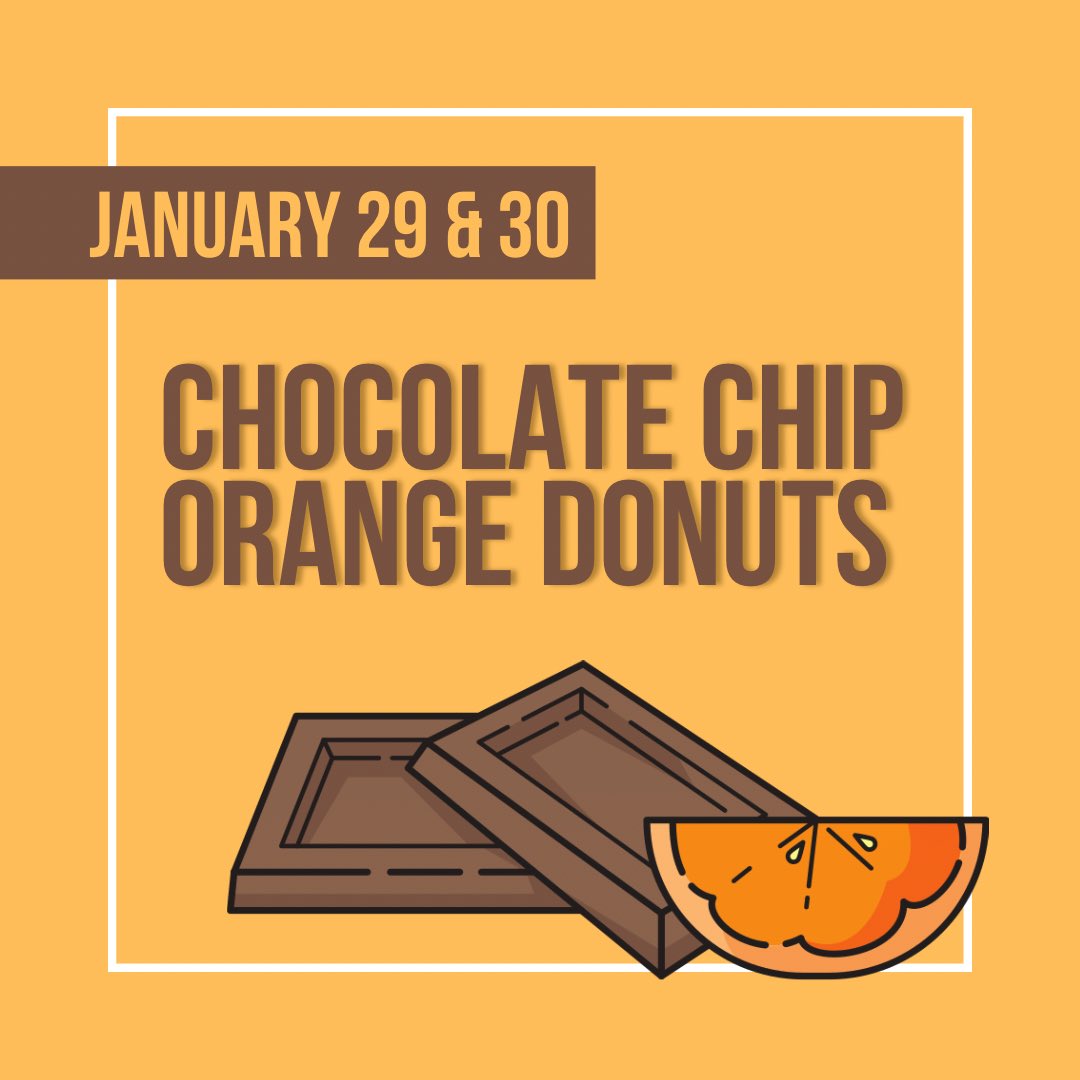 Stop by this weekend for chocolate chip orange donuts!