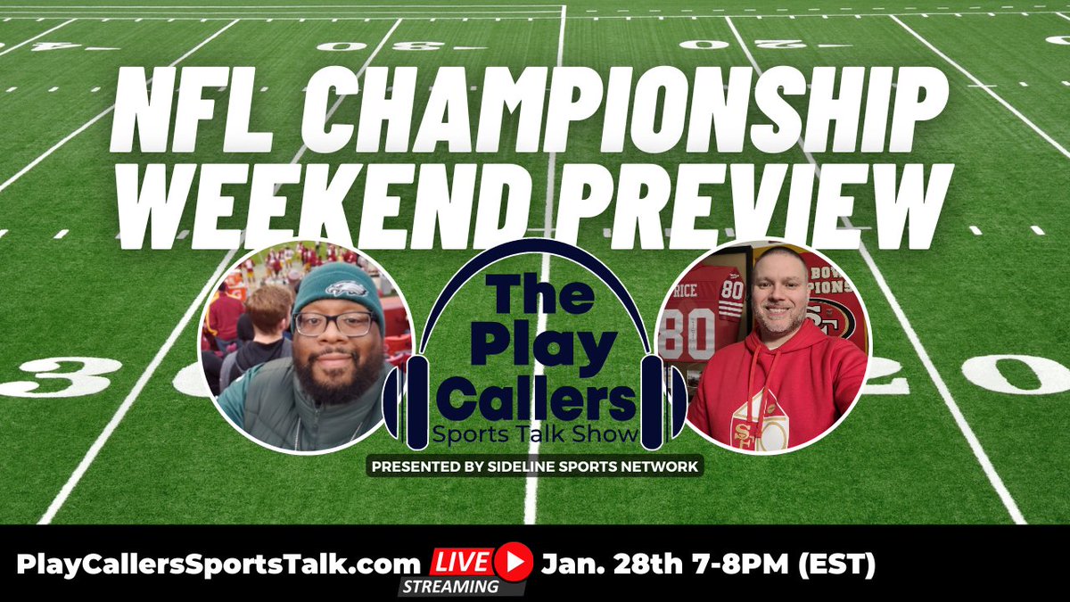 RealPlaycallers's tweet photo. Be sure to join us from 7-8 PM (EST) at https://t.co/kUqWuxpfhS #NFCChampionship and #AFCchampionship previews #NFLCoachingHires #NFLOTRules and more @BoxTalksSports @CoolMcCain @sidelinesport1 https://t.co/97z9vQk6t4