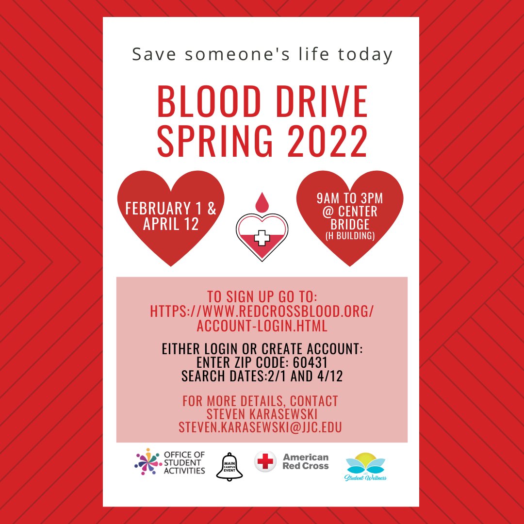 Tomorrow is our first Blood Drive of the semester with the American Red Cross! See the graphic for more details and we will see you tomorrow on Center Bridge in H Building!