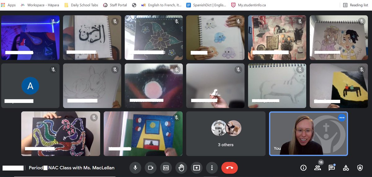 VivantaVie's tweet photo. What a great wrap up to this semester! #NAC Virtual Art Bombing of Ss favourite works with some great guest speakers: David Finkle (Mohawk), Northern Knowledge (Inuk) & tour of the Indigenous collection #McMichael Art Gallery. 🙏 Love these groups! @JosephineOCSB @AmySymes https://t.co/GwPLszpjH2