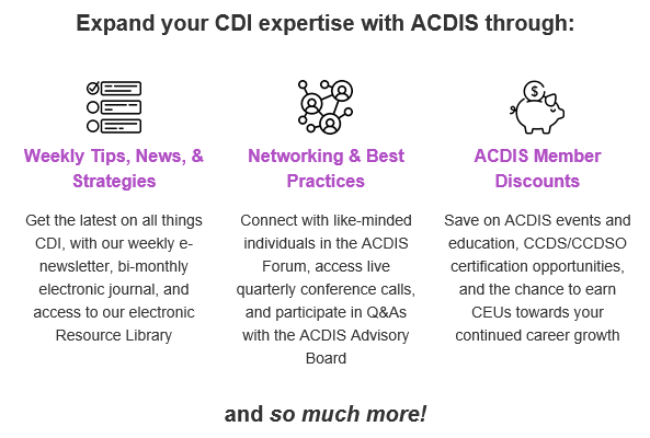 mvarnavas's tweet photo. How can #ACDIS #membership help you advance your #CDI career? Learn more about our excellent offerings and join the only true community of CDI professionals today. https://t.co/Ewr8Mk92k4 https://t.co/zqZgNNvEvK