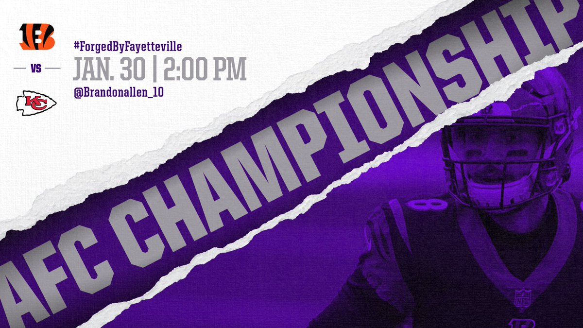 Just a couple of Purple Dogs doing at the highest level! We are super proud of these guys! We’ll be watching on Sunday!  <a href="/DreGreenlaw/">.</a> @BrandonAllen_10 #ForgedByFayetteville ☔️☔️