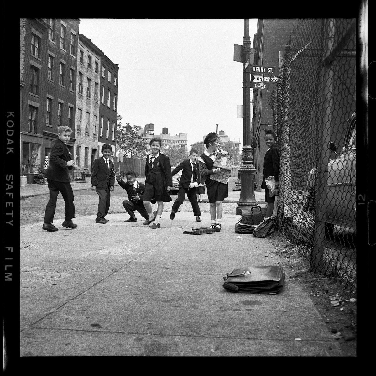 After taking my lunch money &amp; threatening me w/a knuckle sandwich - school kids, ca. 1958, Henry St, #Brooklyn Heights (David Attie).
