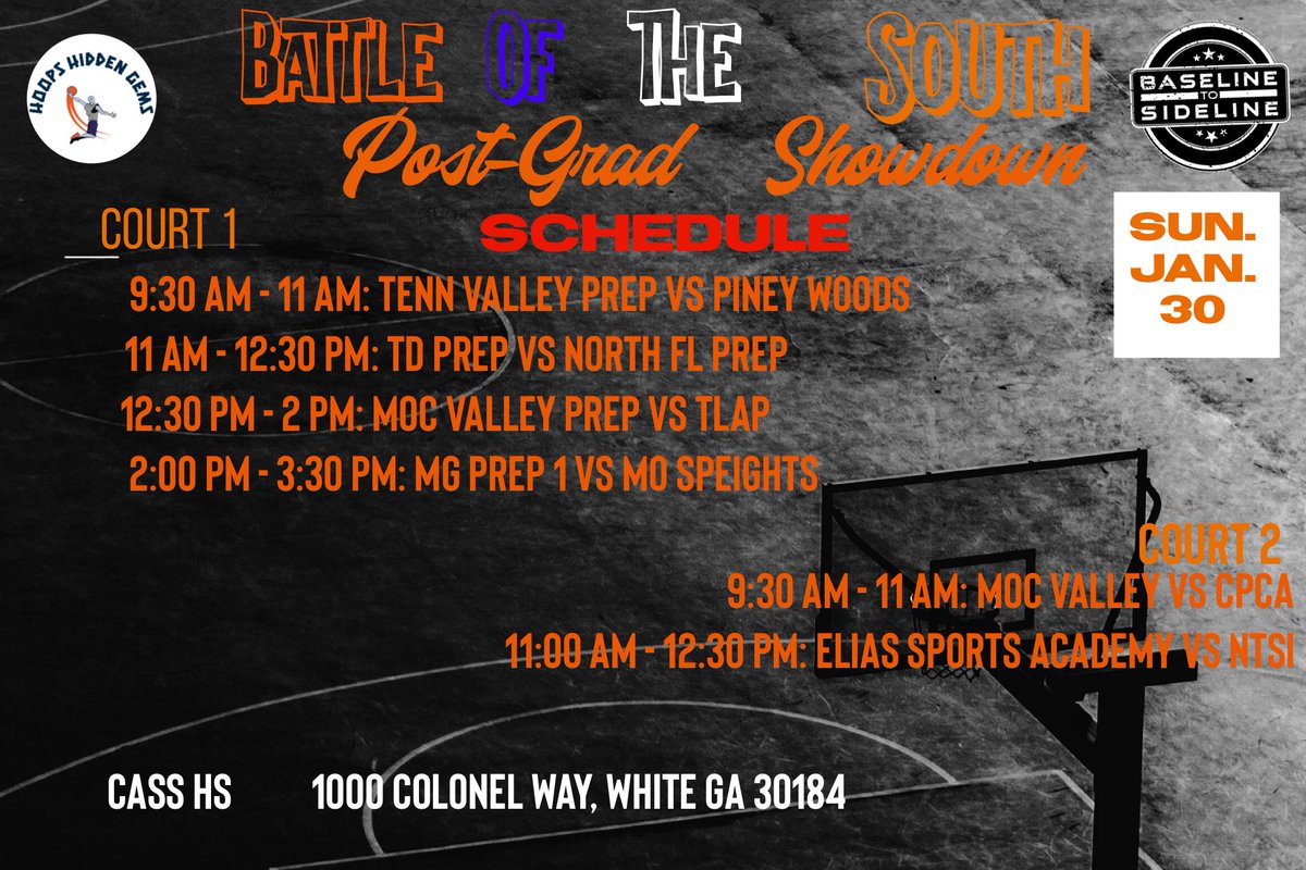 BTS_Report's tweet photo. The Battle of the South Post-Grad schedule is out for this weekend. 
Teams traveling from FL, GA, MS and SC.  Please DM for media inquiries.  College coaches of ALL levels are welcome.
📅 01/29/2022
⏰ 9:30 am
📍 @CassBasketball 
🎟 Access below 
#BOTSPG https://t.co/sbCxFTH5xL