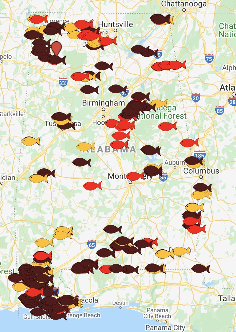 Did you know there are over 200 fish consumption advisories in AL due to known health-hazardous contaminants? See them on a map at WaterkeepersAlabama.org/Fish or hear them at (844) 219-7475!