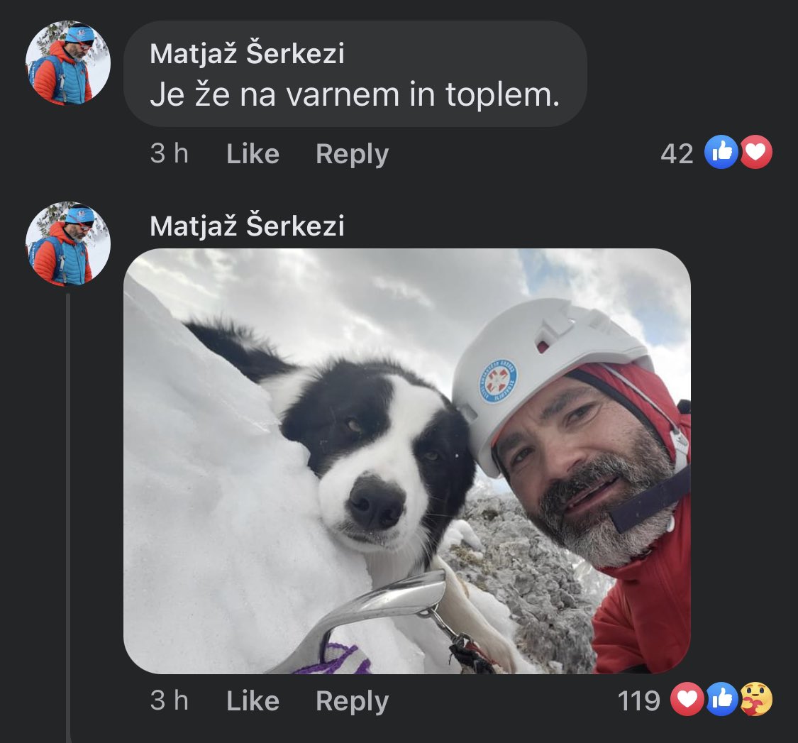 StMatic's tweet image. Včeraj se je pod Brano izgubil border collie. Danes so ga slišali lajati, zato se je GRS na lastno pest lotila reševanja. My heart is full. 🥰

Šerkezi je pa itak car.