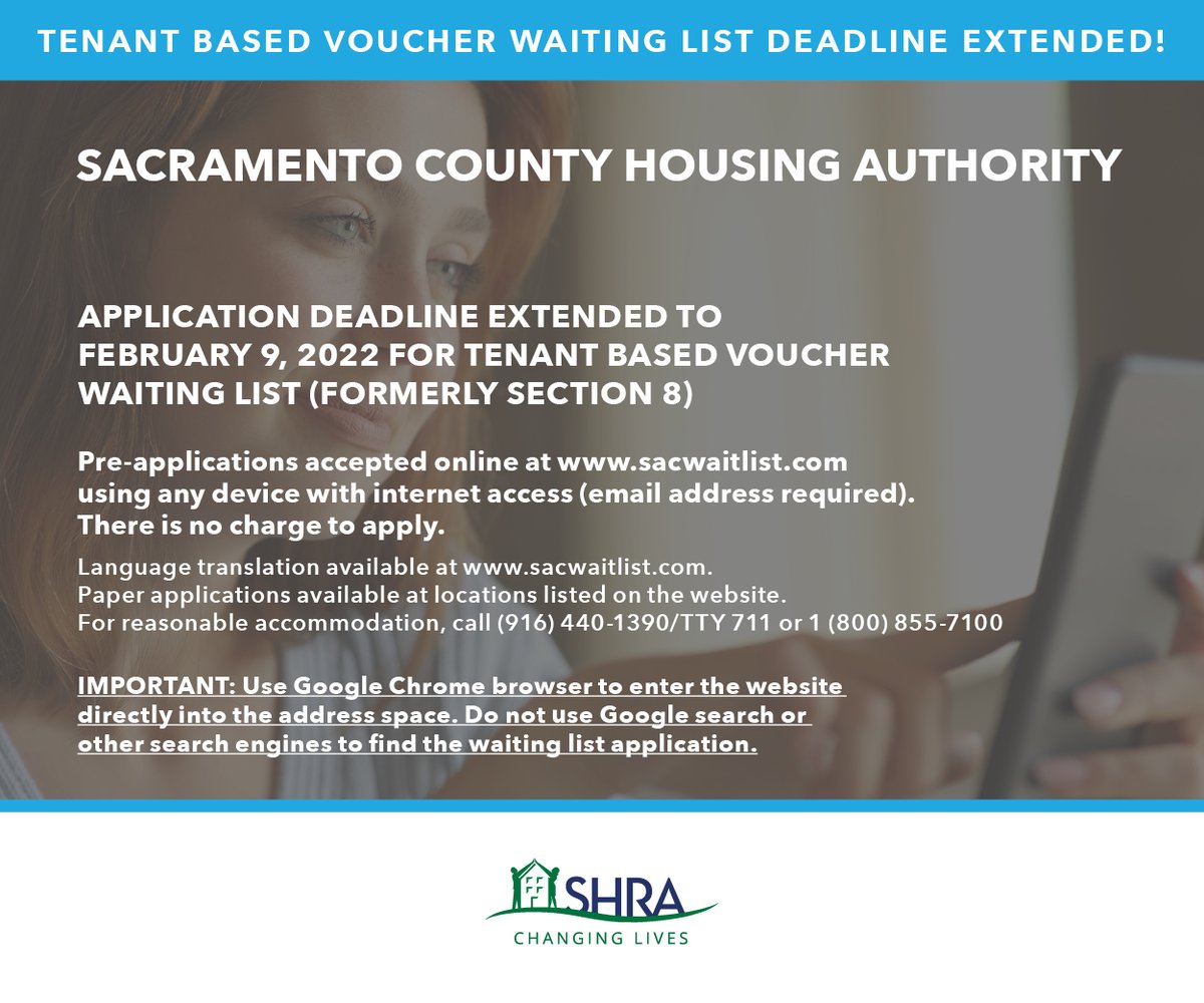 Deadline extended! Sacramento Tenant-Based Voucher open waiting list deadline is extended to Feb 9. To apply, go to sacwaitlist.com. <a href="/HUDPacific/">HUD Pacific</a> <a href="/TheCityofSac/">City of Sacramento</a> <a href="/SacObserver/">Sacramento OBSERVER</a> <a href="/SacCountyCA/">Sacramento County</a> <a href="/sachub916/">Sac Cultural Hub</a>
