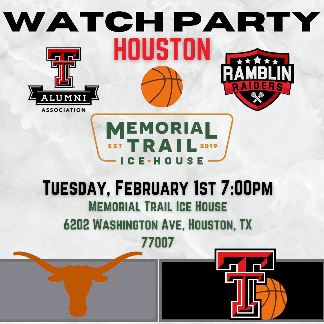 RamblinRaiders's tweet photo. Ramblin' Raiders in conjunction with the Texas Tech Alumni Association -Houston are throwing a watch party for what could be the biggest home game in Texas Tech history! Come out to our home away from home, Memorial Trail Ice House!
.
.
.
#houston #texas #htx #texastech #rambleon https://t.co/oEJr3d7VPN