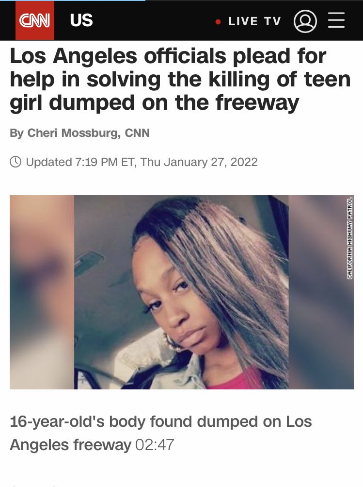 04721bU25K27Ik3's tweet image. 16 year old girl found dumped on the side of the highway in LA  on Jan 8th. The sociopath that murdered her is free to kill again .  #TioniTheus