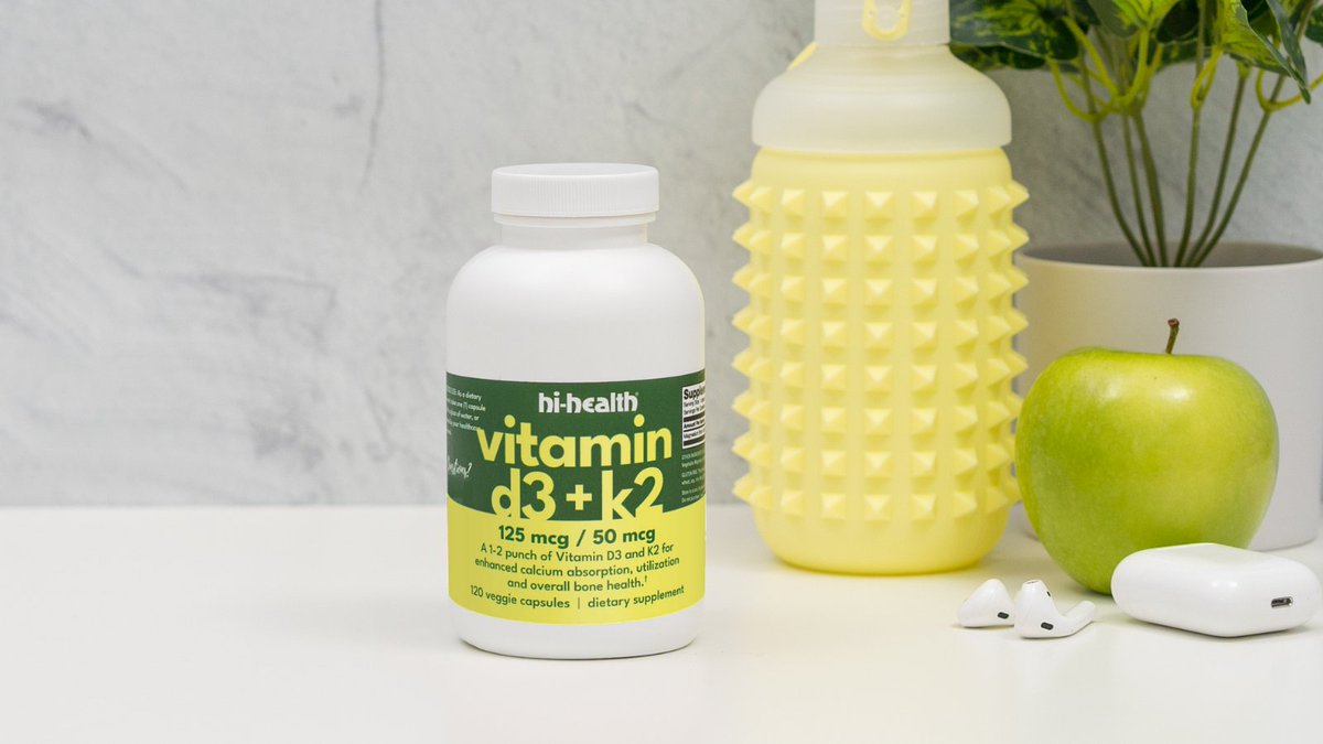 HiHealth's tweet photo. Hi-Health Vitamin D3 + K2 Formula combines high-potency D3 with a robust serving of K2 to support strong bones and cardiovascular health. Studies show that this combo helps ensure calcium is absorbed and deposited where it needs to be (in the bones). https://t.co/BvGi54Suu1 https://t.co/cKtey7g5sf