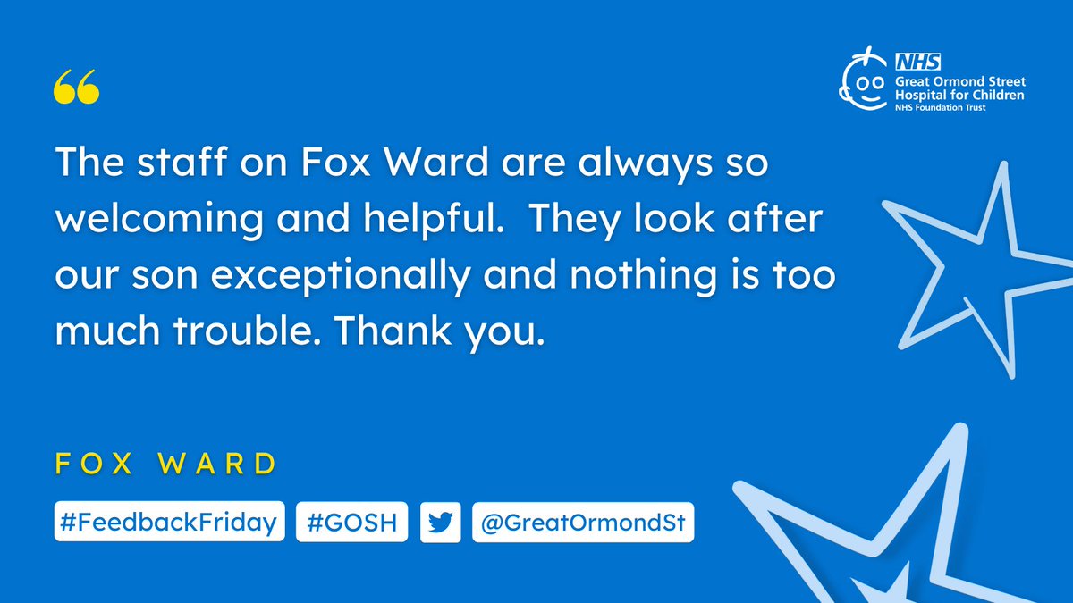 GreatOrmondSt's tweet photo. "Lovely staff, they really helped my daughter feel less anxious and prepared her for her operations."

Happy #FeedbackFriday everyone 💙 https://t.co/wjpM4UAJGO