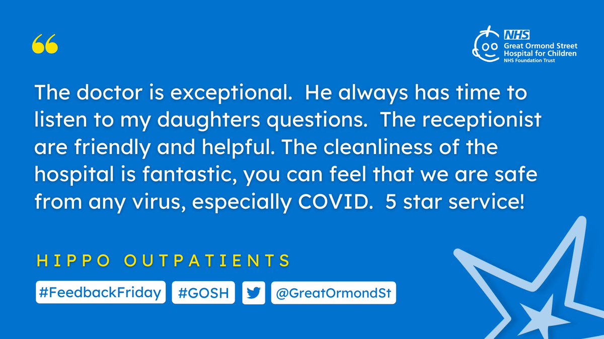 GreatOrmondSt's tweet photo. "Lovely staff, they really helped my daughter feel less anxious and prepared her for her operations."

Happy #FeedbackFriday everyone 💙 https://t.co/wjpM4UAJGO