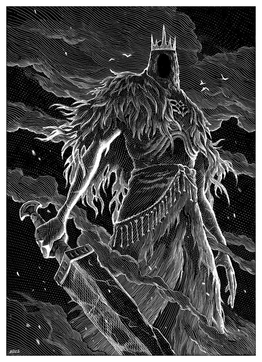 deep in the Memory of Jeigh lies one of my favorite encounters (and designs) in the Dark Souls trilogy: the Giant Lord 

5x7" ink on claybord 