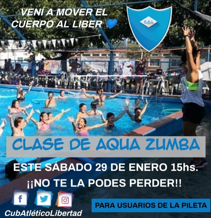 📢📢📢 ATENCIÓN 📢📢📢
USUARIOS DE PILETA ‼️
Éste sábado a partir de las 15 hs. clase de AQUA ZUMBA con la profe Naty, como todos los años nos hace mover el cuerpo a pura diversión, bailando.
NO TE LA PIERDAS💃🕺🙌
#VamosLibertad 
#temporada2022 
#NoHayUnClubSinOtroClub