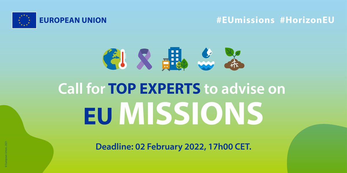 JGuerrier_EU's tweet photo. 📢We are looking for up to 7️⃣5️⃣ top experts to advise us &amp; guide the implementation on the 5⃣ #EUMissions

🌊#MissionOcean
🔬#MissionCancer
🌍#MissionClimate
🏙️#MissionCities 
🍄#MissionSoil

🗓️Apply by 2 February 2022
👉https://t.co/ttEVKgCSxC https://t.co/qJmndKR2Lr