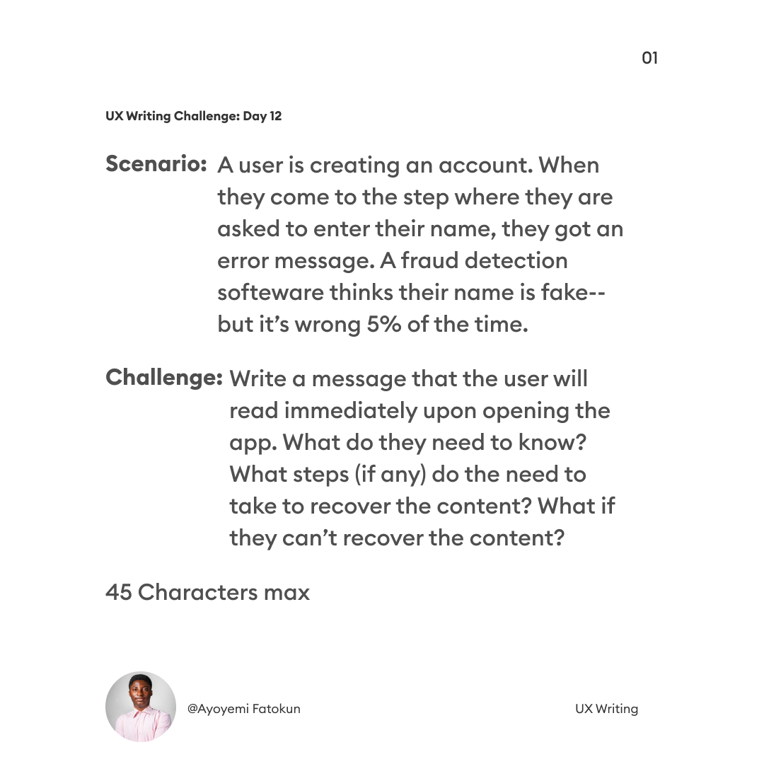 AY_Writing's tweet photo. PS: Kindly check out the two slides where you will see the challenge and the words I chose to help a user out in this scenario.
#uxwriting #uxjobs #uxintern #uxresearch #uxdesign https://t.co/uq2yKdawAg