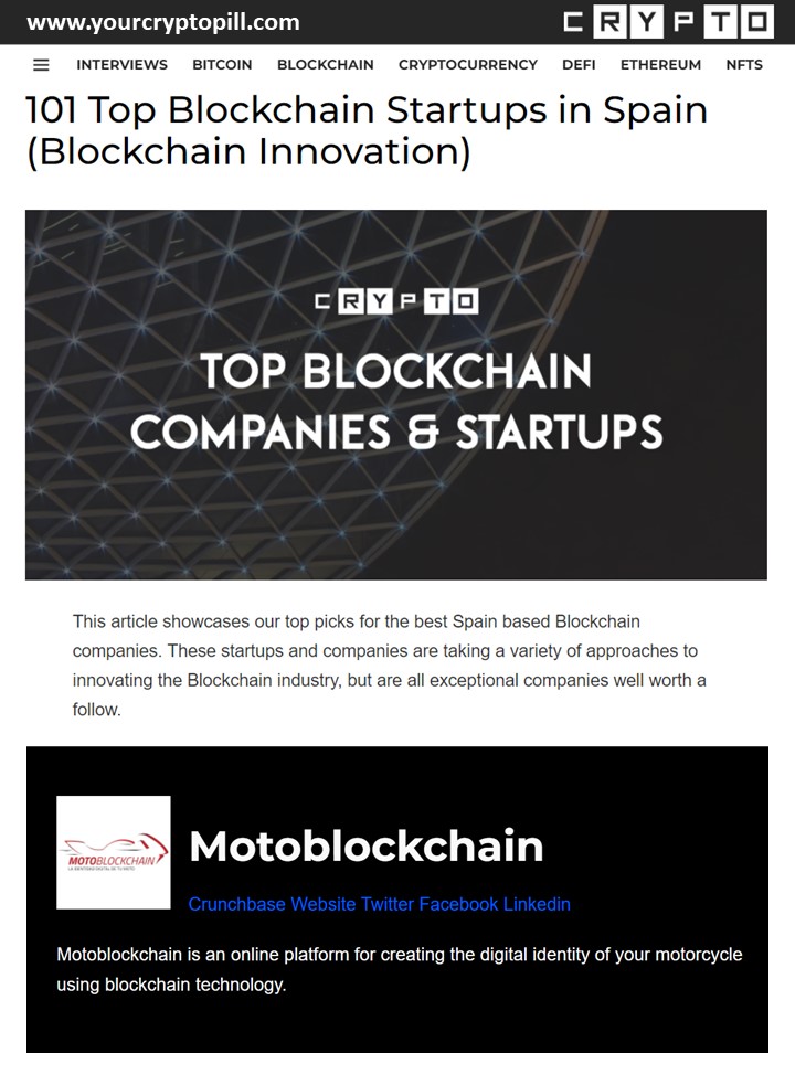 We are proud to announce that today we were selected to be featured between the "101 Top Blockchain Startups in Spain" by Yourcryptopill!
yourcryptopill.com/101-top-blockc…