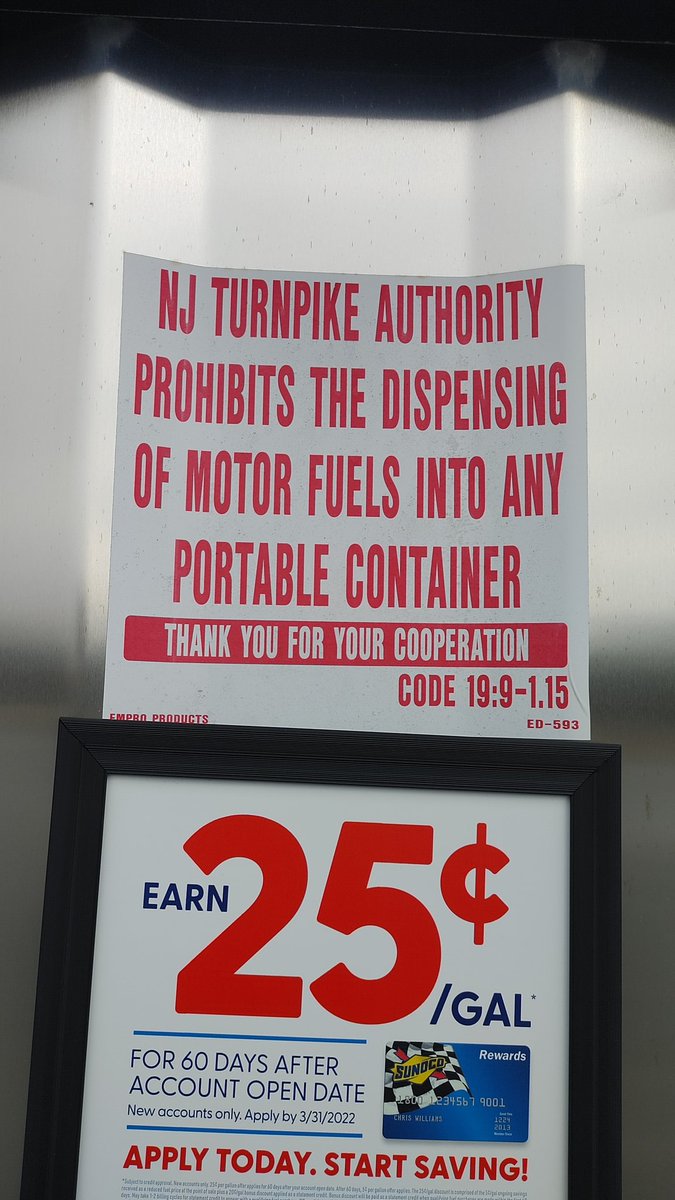 John100235's tweet photo. @NJTurnpike As a public entity you should support the public good. Preventing citizens from refueling disabled vehicles so for profit tow companies can extract money from people in distress is appalling. You are also preventing people from adequately preparing for this storm https://t.co/hvm3qdVgU5