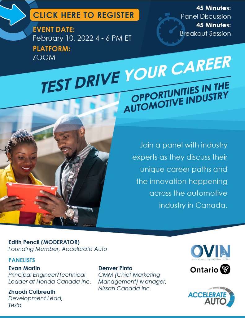 OVINhub's tweet photo. Get ready to test drive your career! Join #OVIN and Accelerate Auto on February 10 and learn more about jobs in the automotive and mobility industry in Canada. Register here: https://t.co/lqYqr9qry6 https://t.co/rEgsPePSJ0