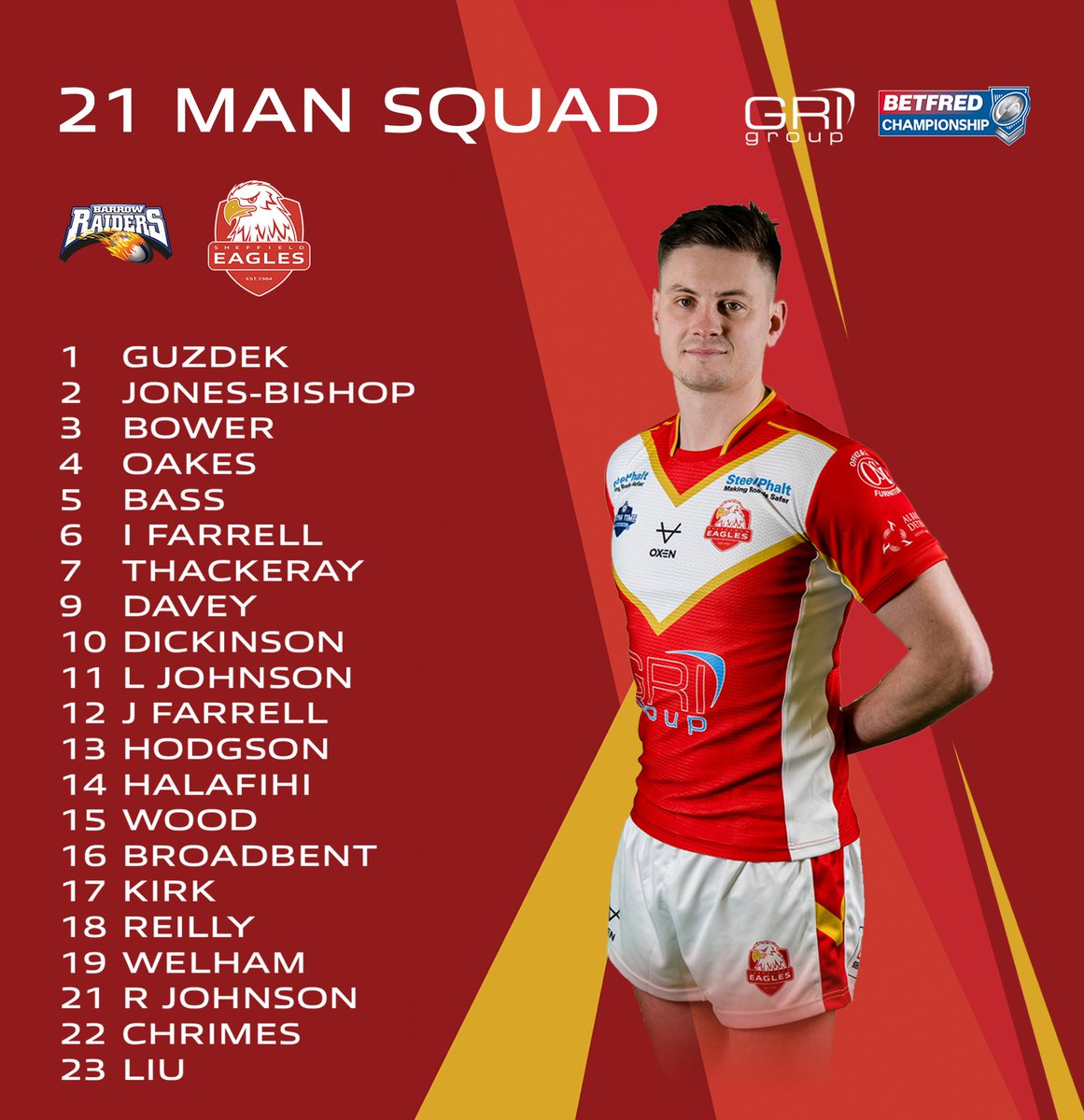 SheffieldEagles's tweet photo. 📢 The first 2️⃣1️⃣-Man Squad of 2022!

⬇️ Mark Aston will be choosing his team to face @BarrowRaiders from these players. 

❓ Which new signing are you most excited to see in the Red and Gold?

📸: @ADCP_Official 
🦅 #TheEaglesAreComing https://t.co/Oxq6uqh7Bs