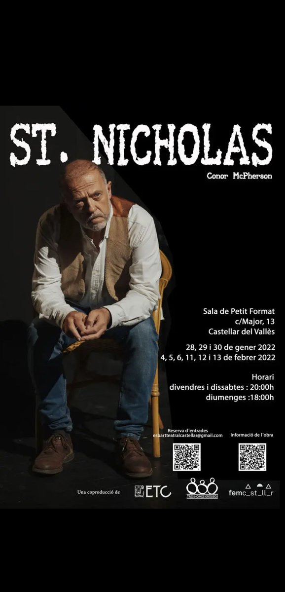 Aquest cap de setmana teatre a l"Ateneu, Sala de Petit Format.
🎭St. Nicholas
🗓️Divendres i dissabte a les 20h.
🗓️Diumenge a les 18h.